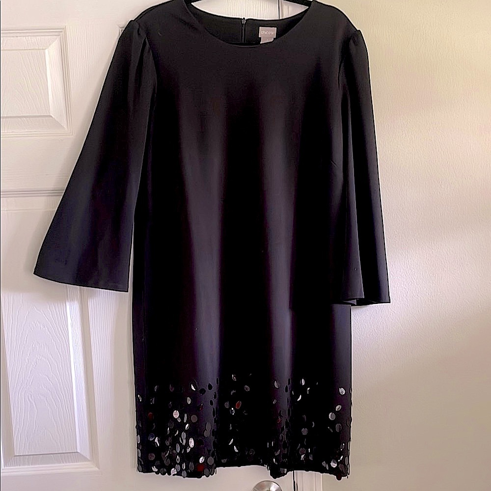 Chico's Black Sheath Dress 3/4 Bell Sleeves Crew Neck